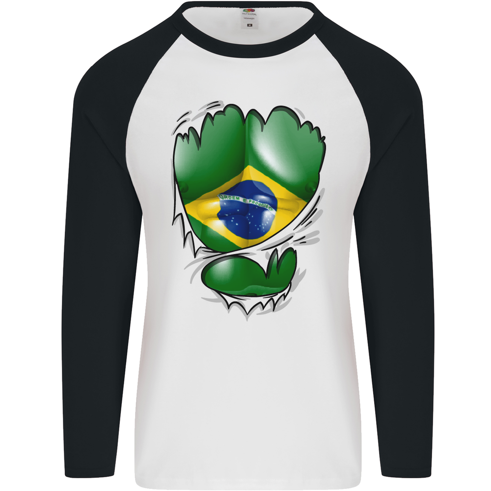 Gym Brazilian Flag Ripped Muscles Brazil Mens L/S Baseball T-Shirt