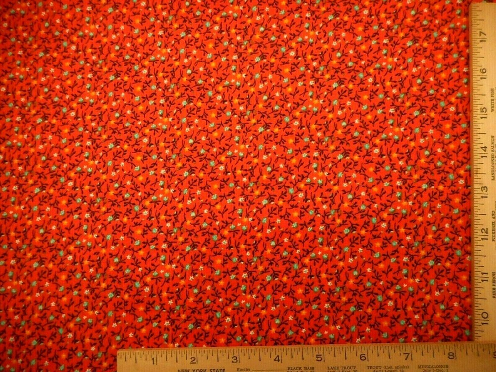 Calico Fabric By The Yard Turquoise Yellow Wht Floral on Orange Quilting Cotton