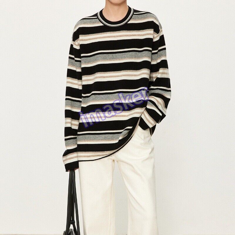 Women's Retro Striped Shirt Wool Knitted Sweater Crew Neck Pullover Loose Jumper