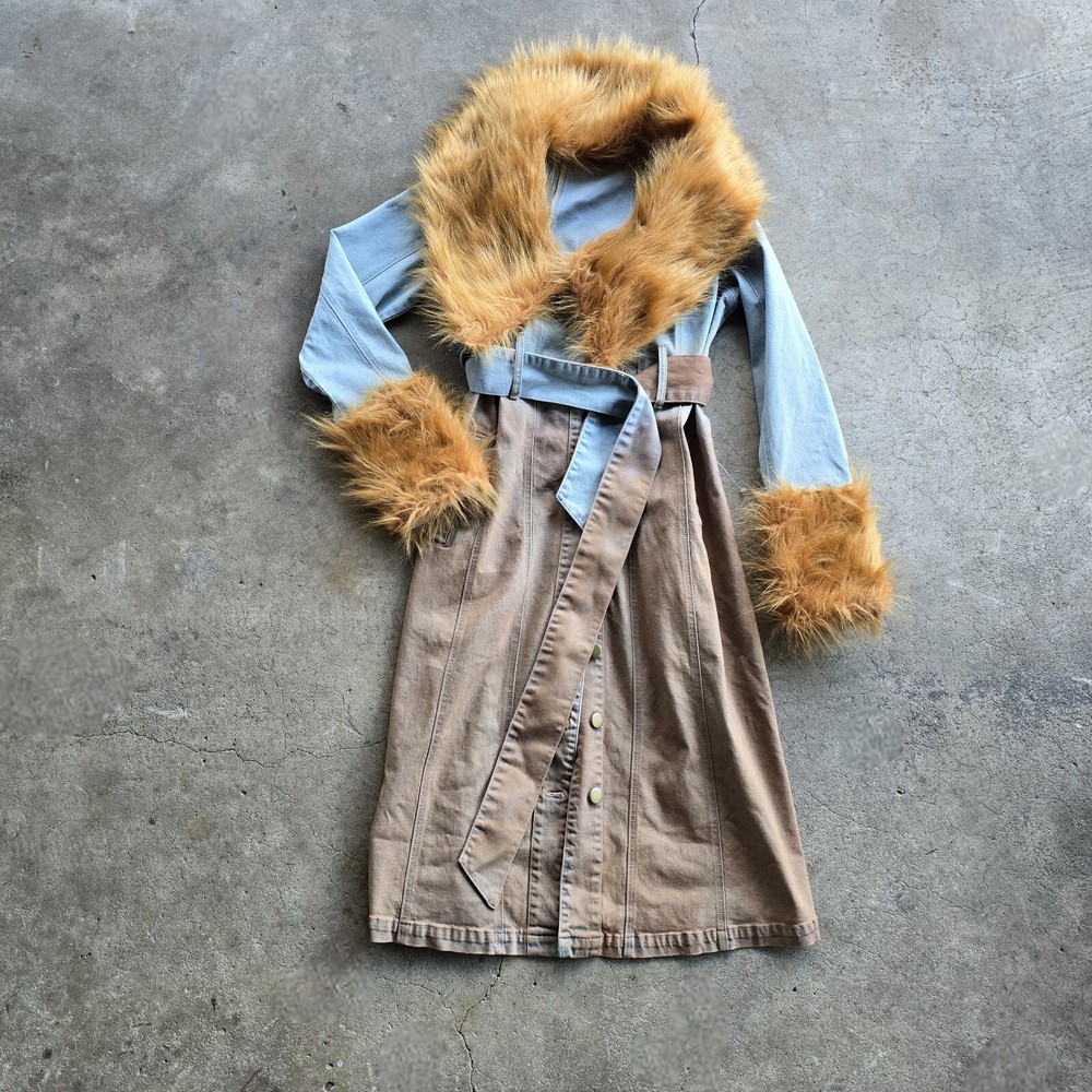 Denim Faux Fur Penny Lane Afghan Maxi Coat Y2K Style Ombre Baby Girl Small