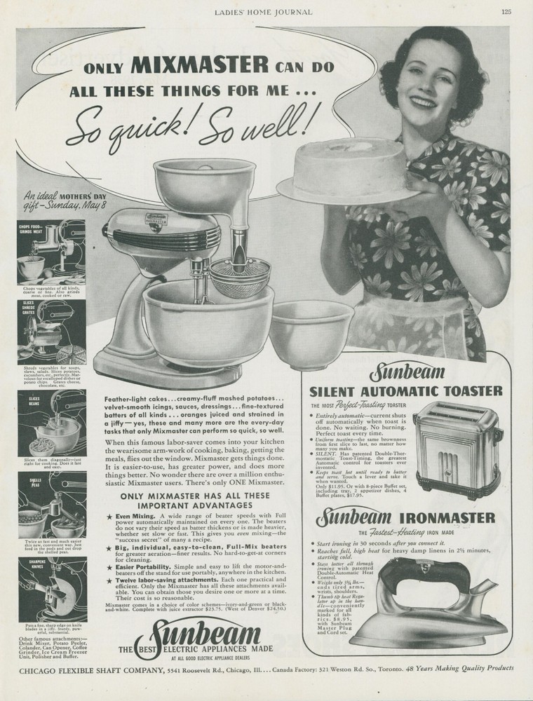1938 Sunbeam Mixmaster Cake Mothers Day Gift Iron Toaster Vintage Print Ad LHJ2