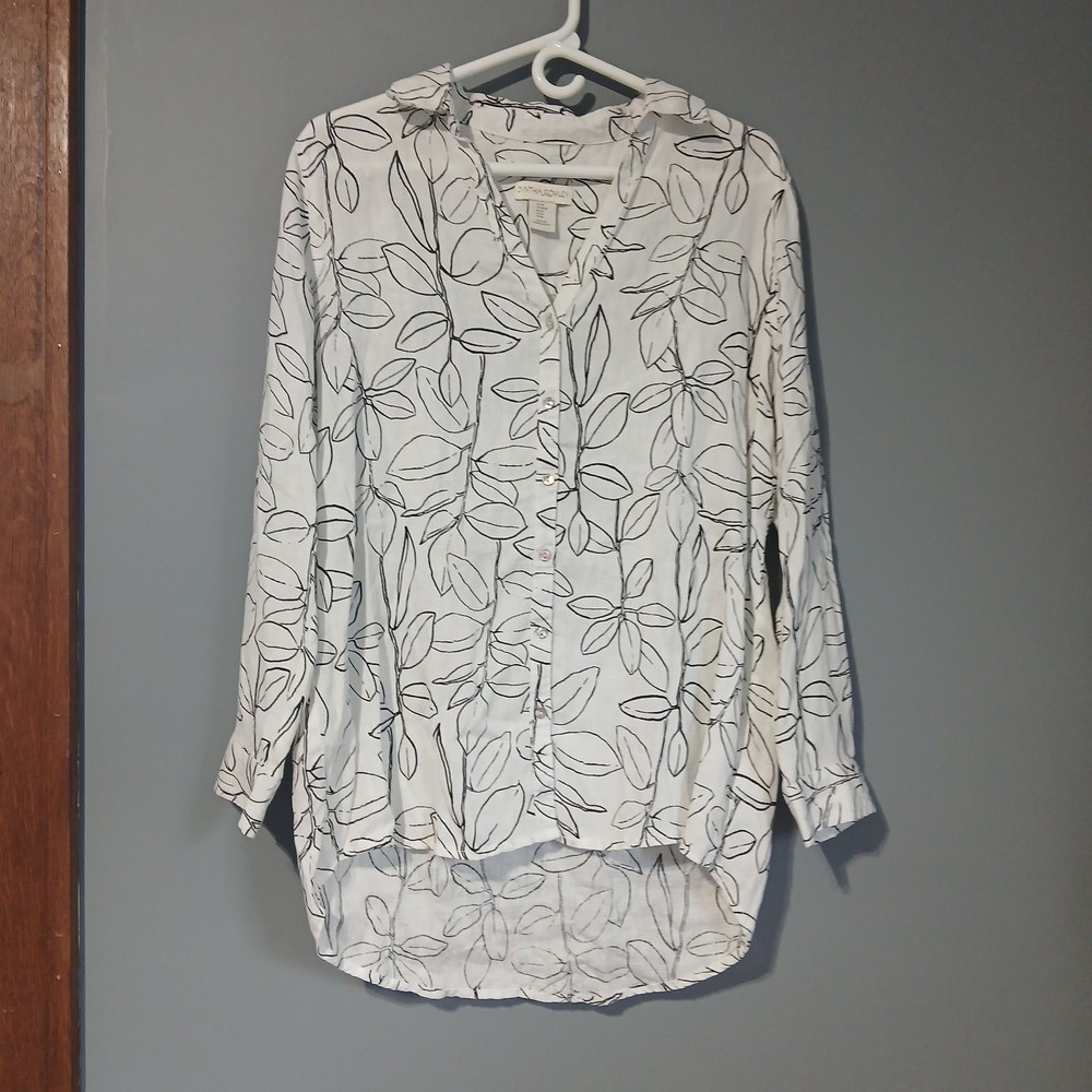 Cynthia Rowley Shirt Womens Medium White Leaf 100% Linen Blouse Button Front