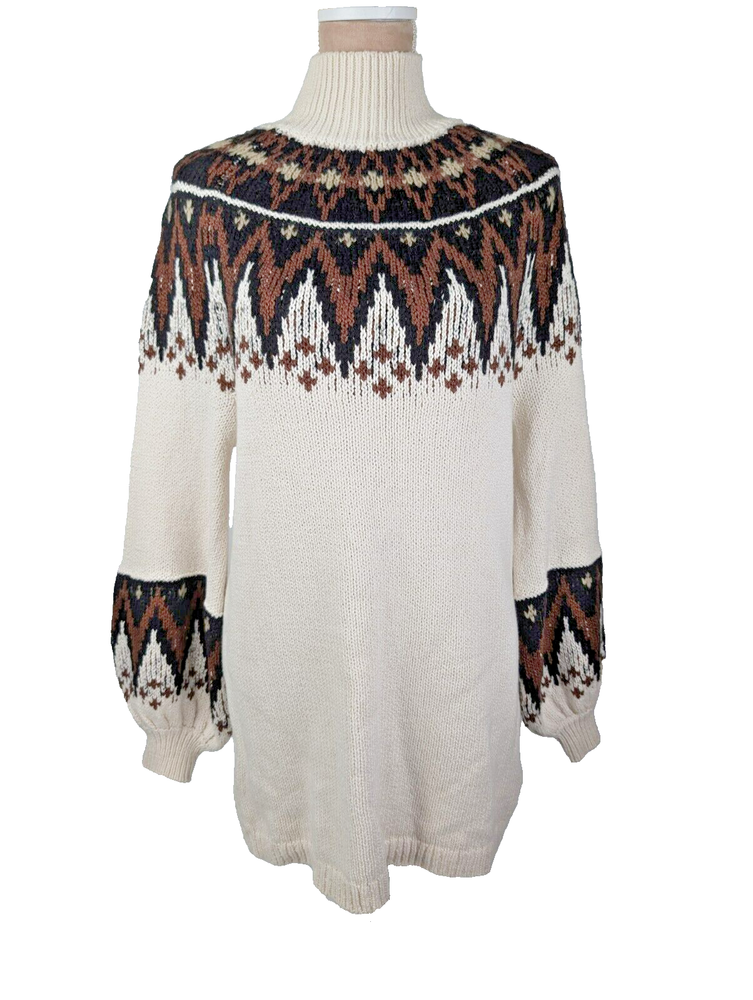 Free People Scotland Sweater Mini Dress Size XS Ivory Brown Fair Isle Boho