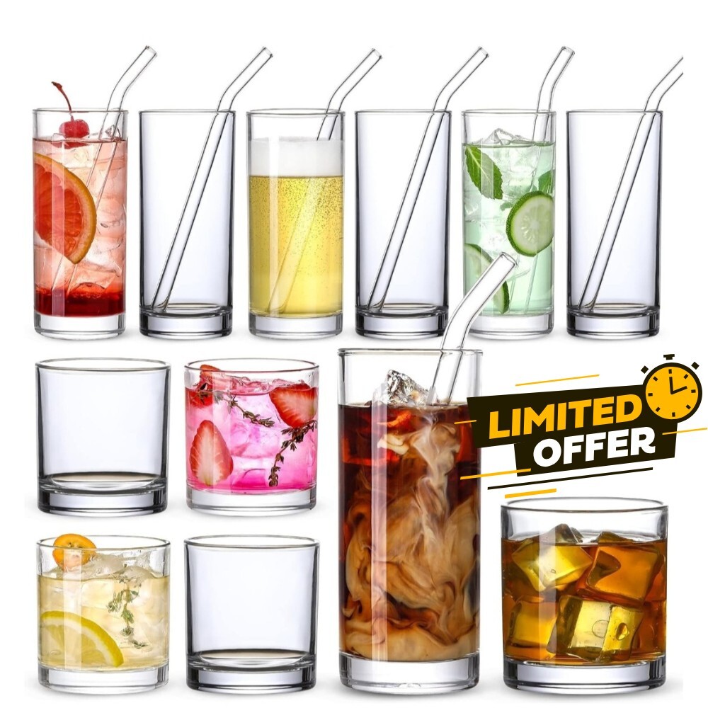 12 Pack 12oz Glass Cups with Straws for Highball and Rocks Drinks