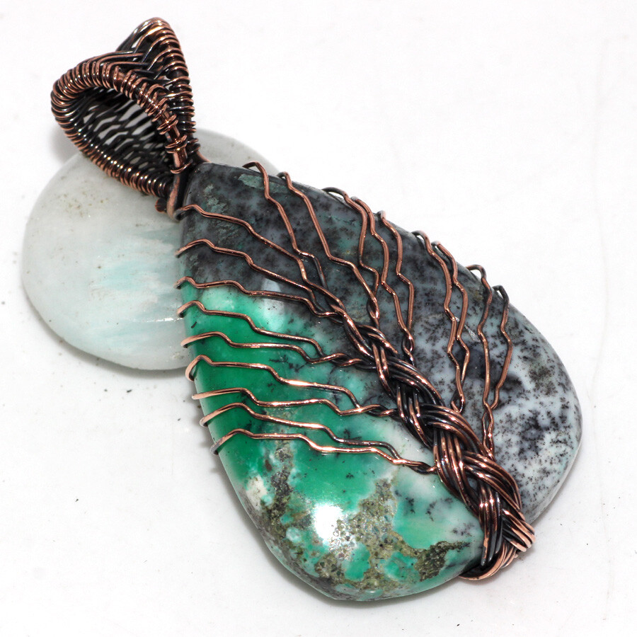 Green Dendritic Opal Copper Plated Pendant 2.1