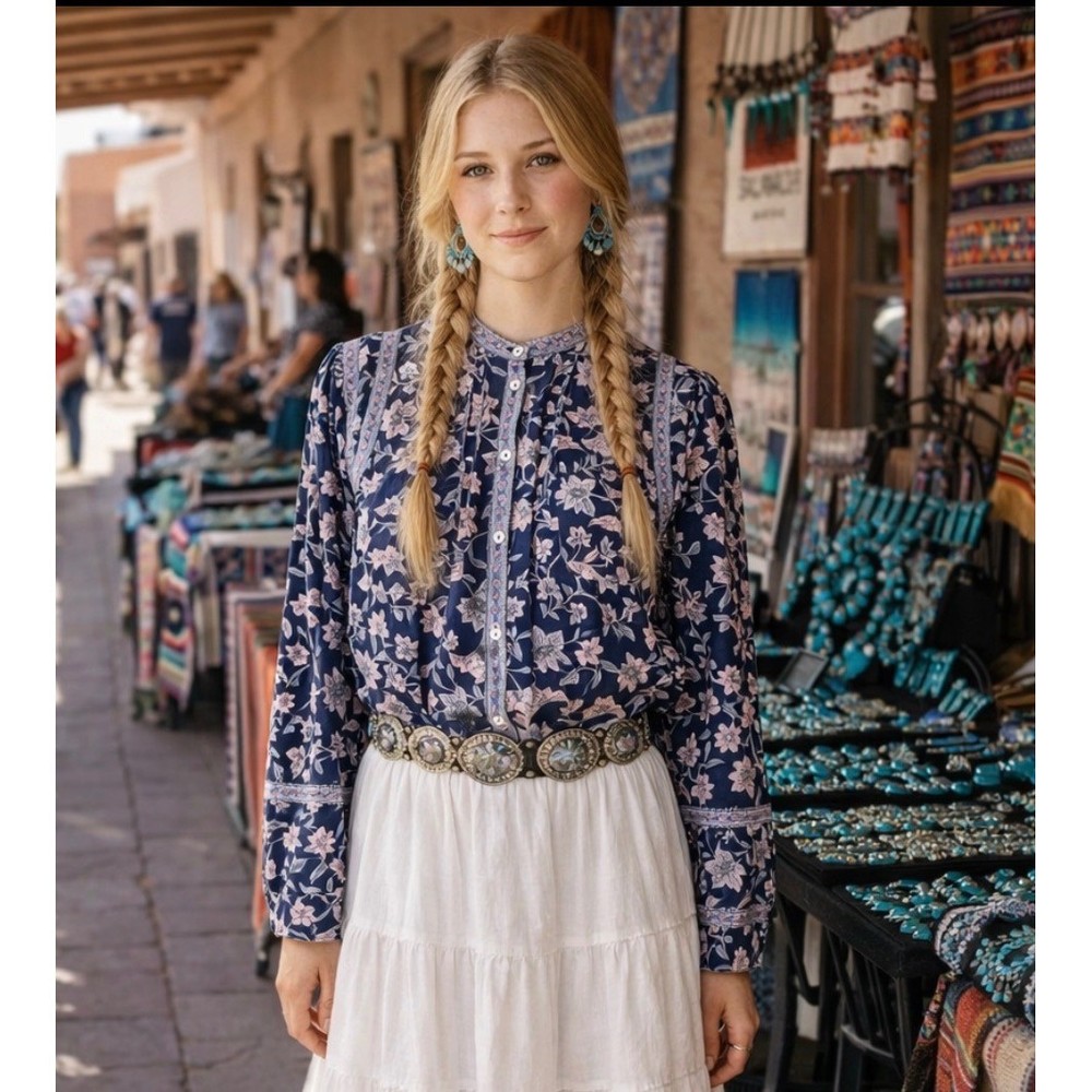MNG Mango Jimena Blue Floral Block Print Indian Cotton Peasant Blouse Size M