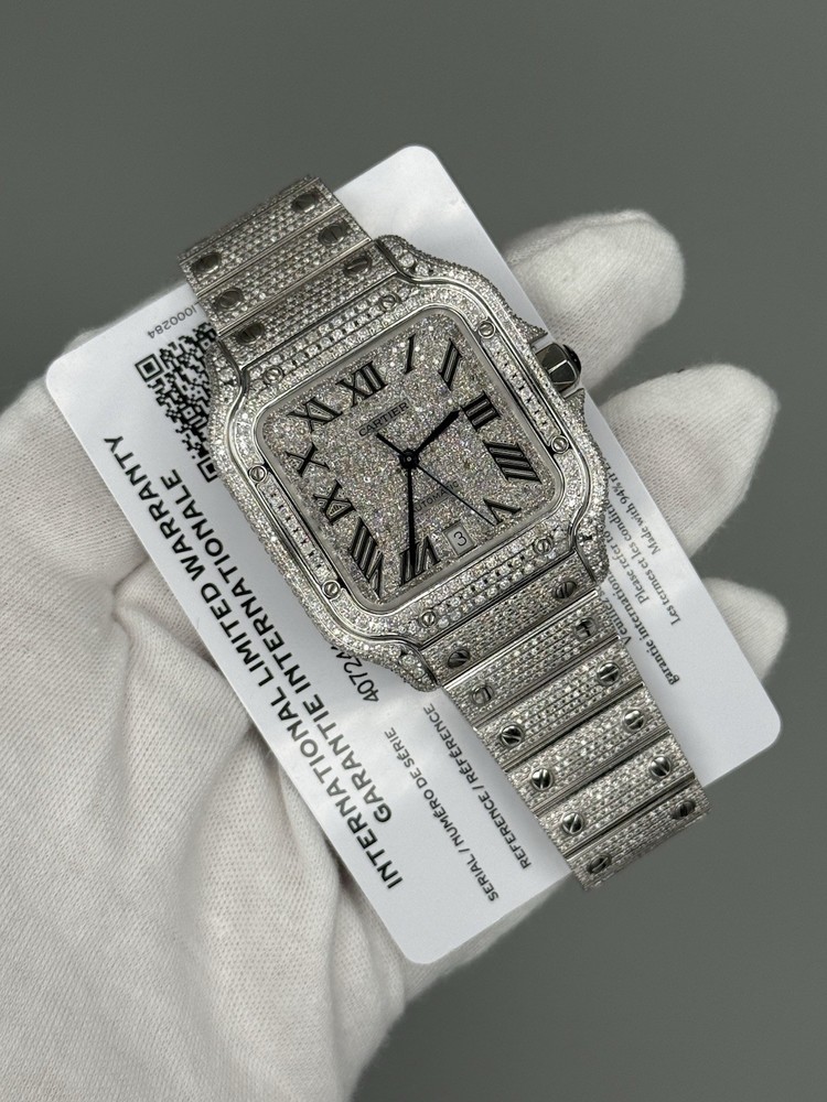 Cartier Santos Men's 40mm Large Model Steel Watch Iced Out (Natural Diamonds)