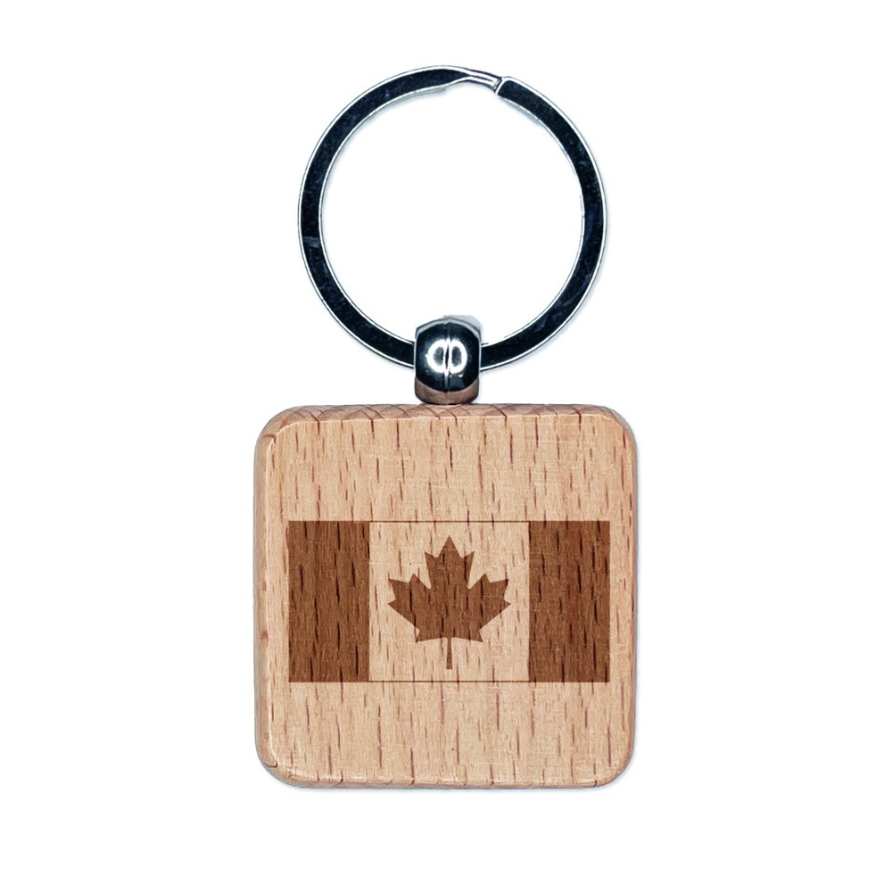 Canada Country Flag Engraved Wood Square Keychain Tag Charm