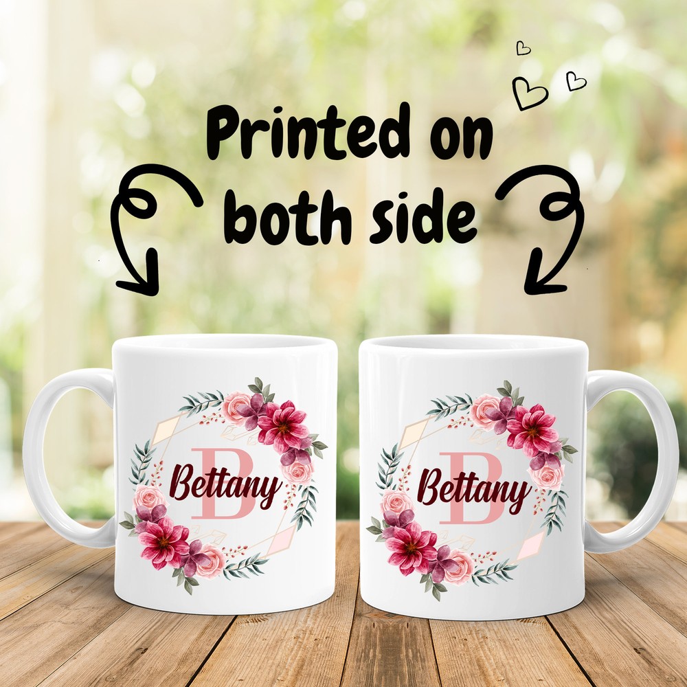 Name And Initial Mug Custom Name Mug Personalized Gift Rose Flowers Mug Women
