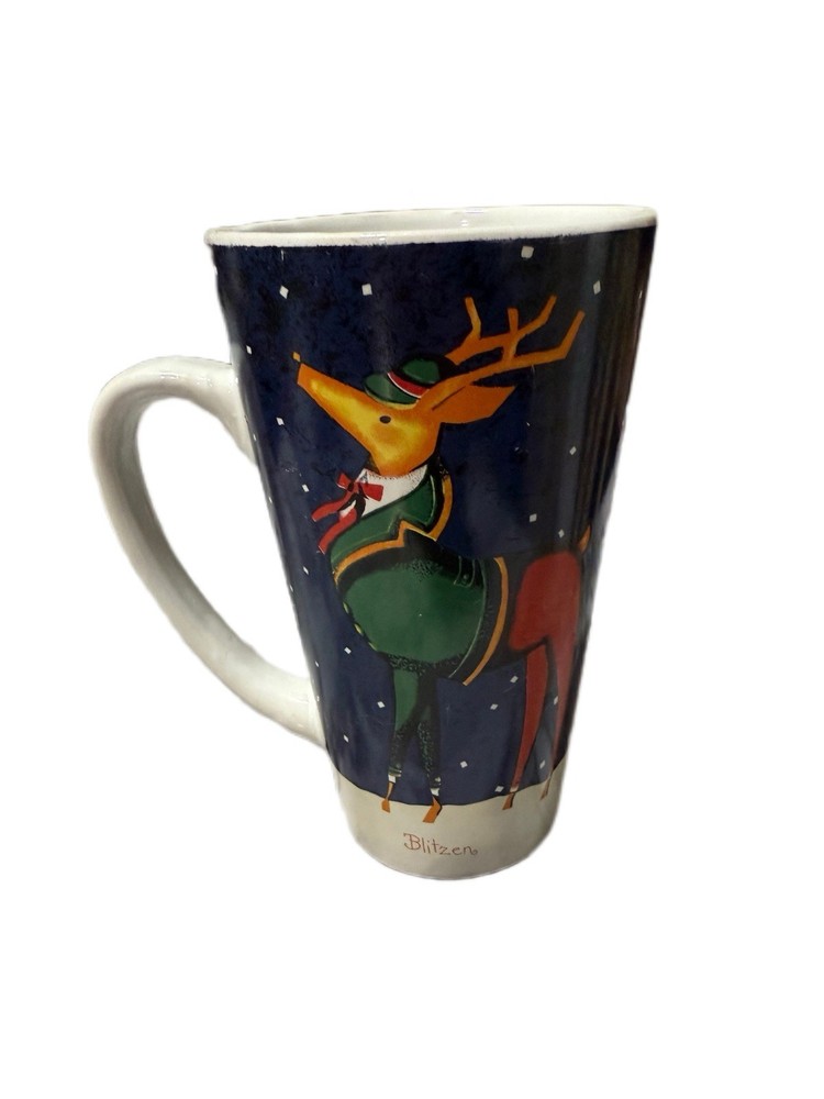 Festive Blue & White Reindeer Holiday Coffee Mug – Ceramic Cup