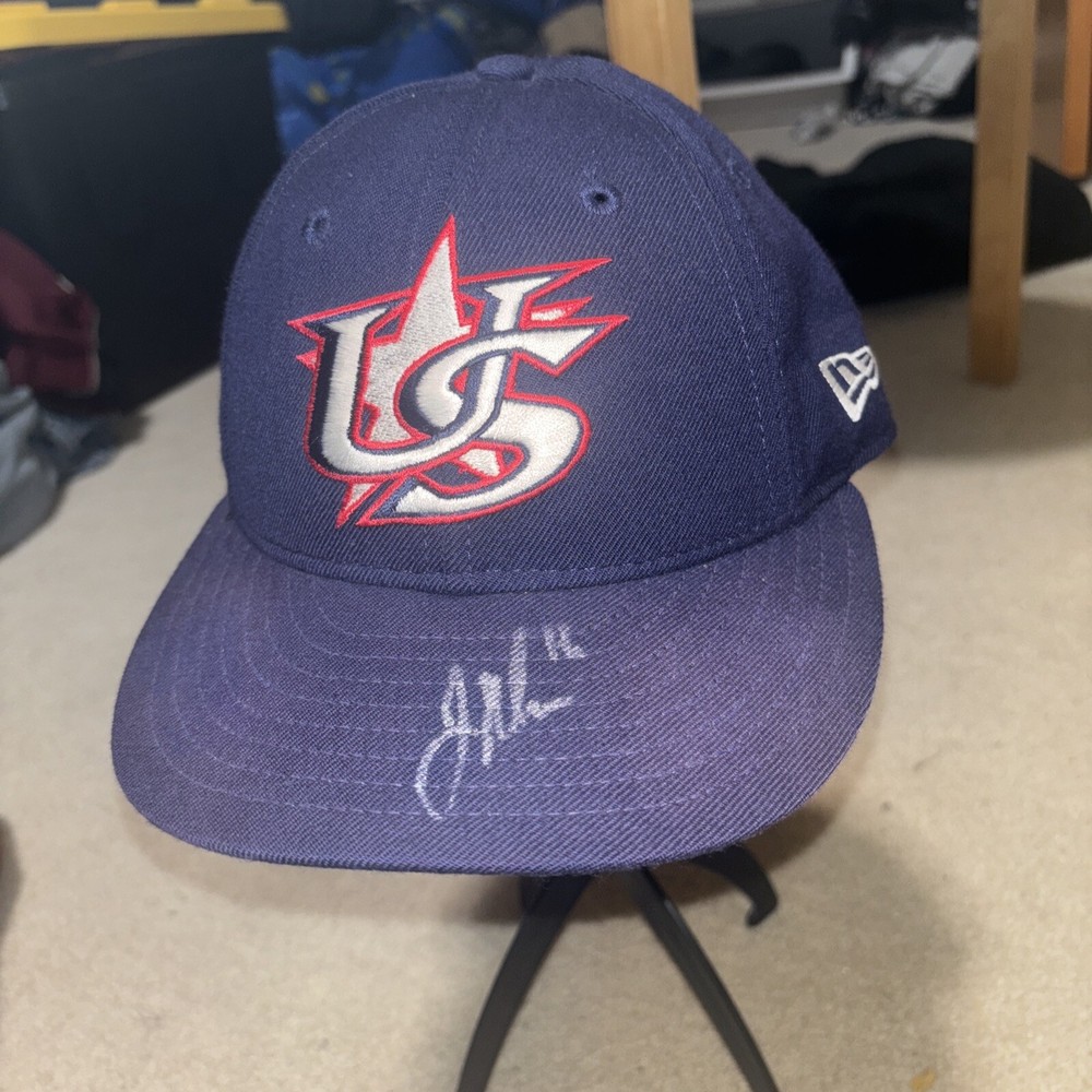 New Era USA Baseball Fitted Hat 59FIFTY Size 7 Blue PREOWNED Signed