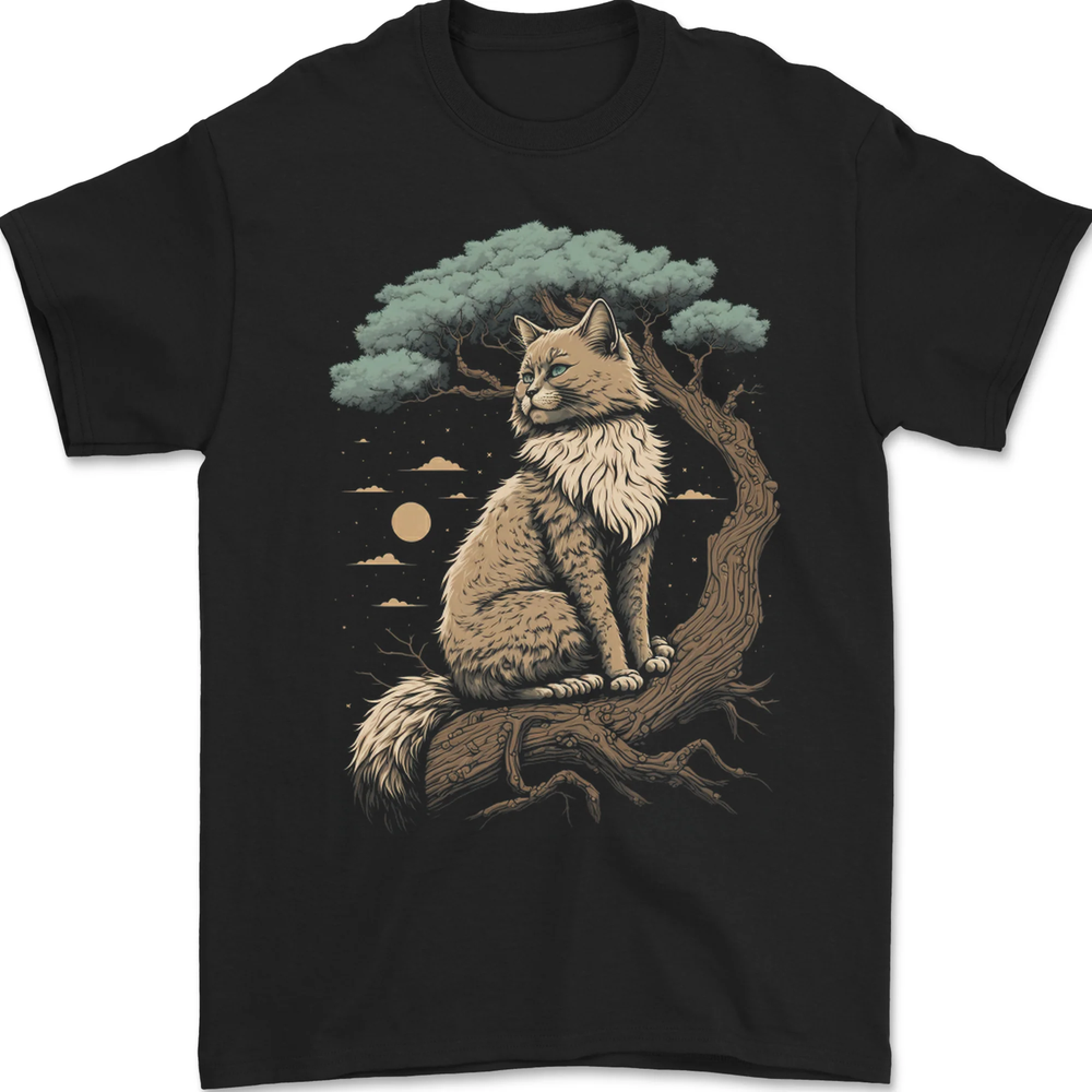 a Moon Cat Sitting on a Tree Fantasy Mens T-Shirt 100% Cotton