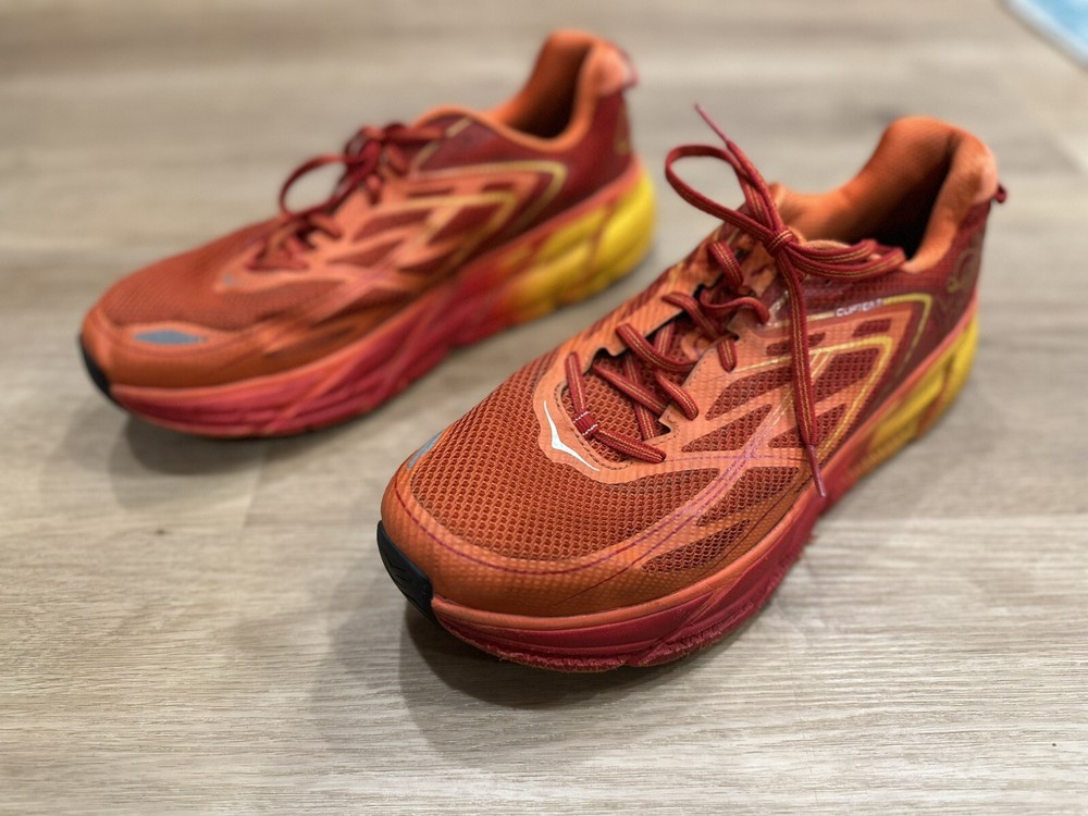 Hoka One One Clifton 3 Mens 12 Shoes Red Orange Running Sneaker Gym Walking