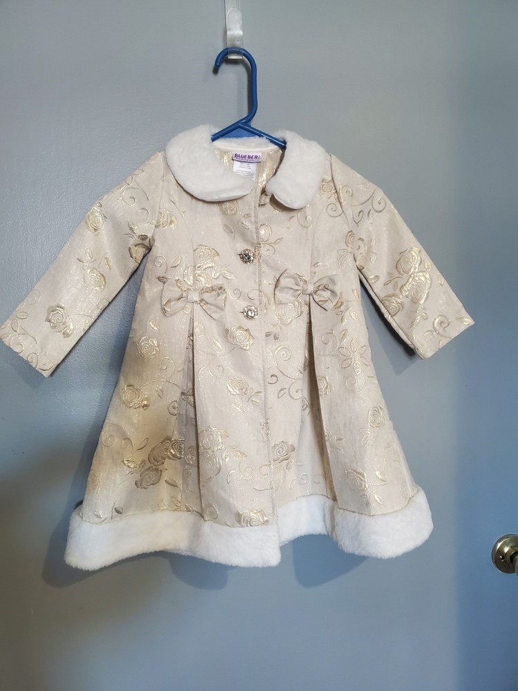 Blueberi Boulevard Size 4 Girls Over Coat with Faux Fur Collar Gold Roses