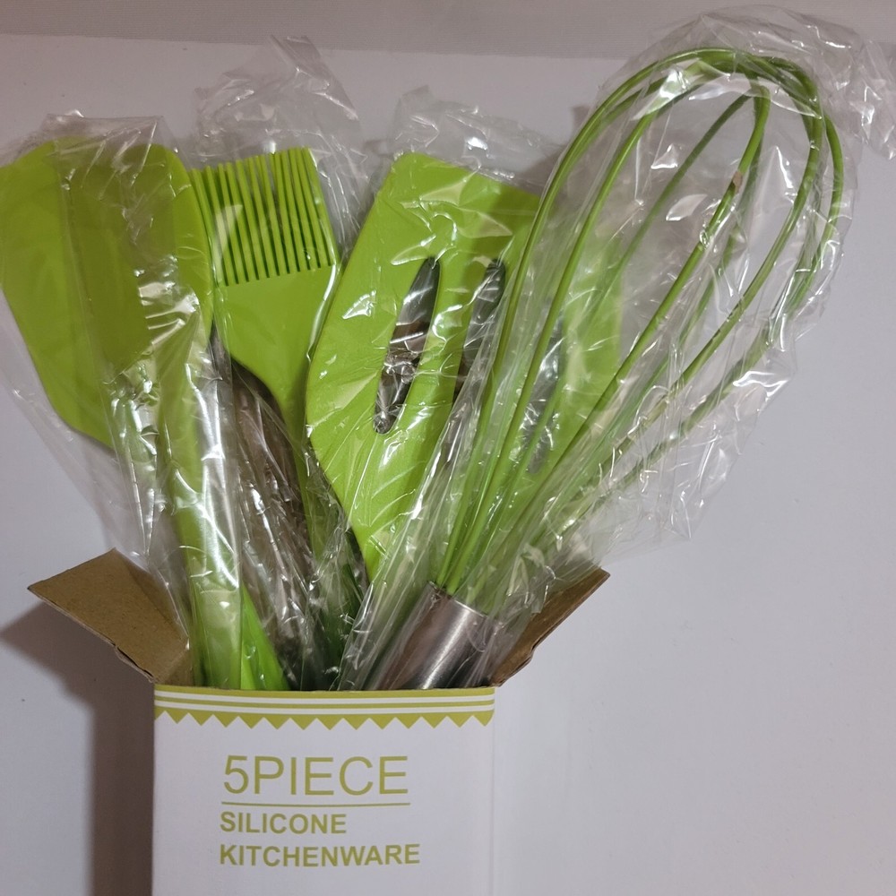 5 Piece Spatula, Spoonula, Whisk, Baste Silicone Utensil Set: Jar, Cook - Green