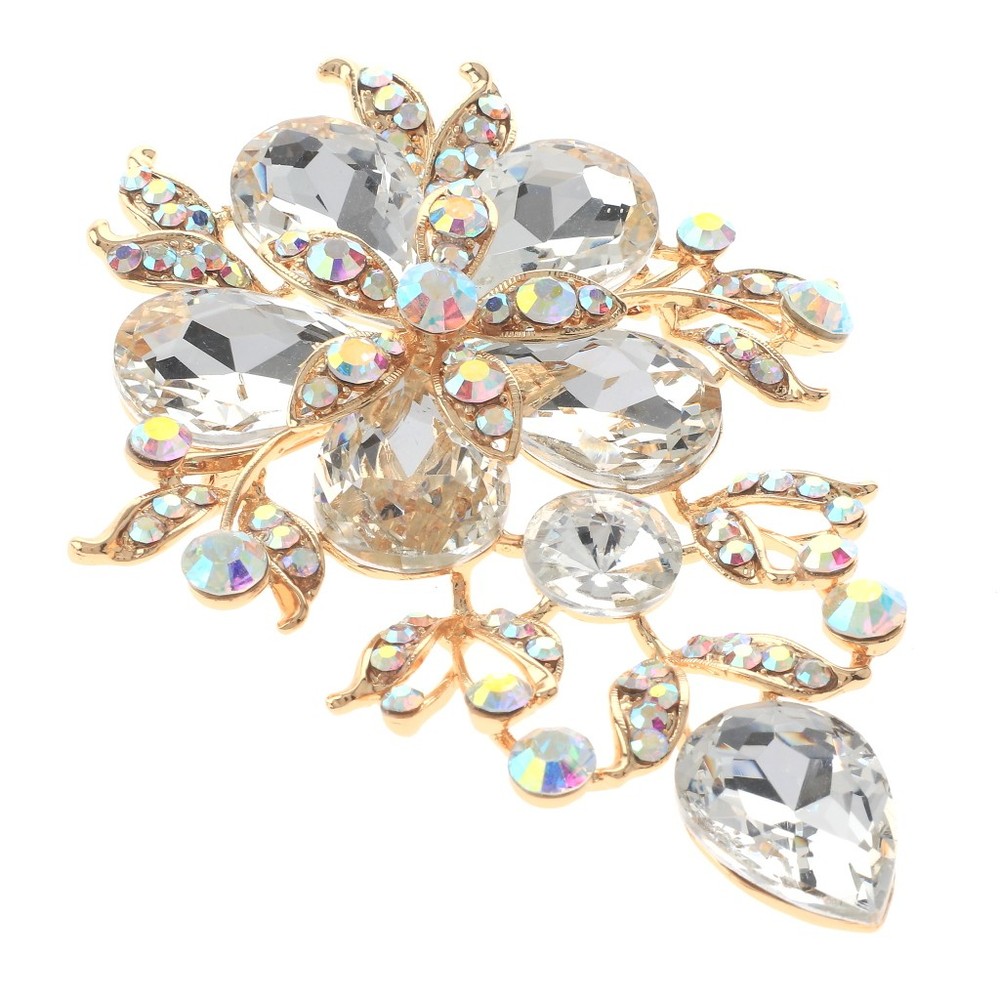 Gold Tone Alloy Metal Extra Large Crystal Flower Brooch P1577-GAB
