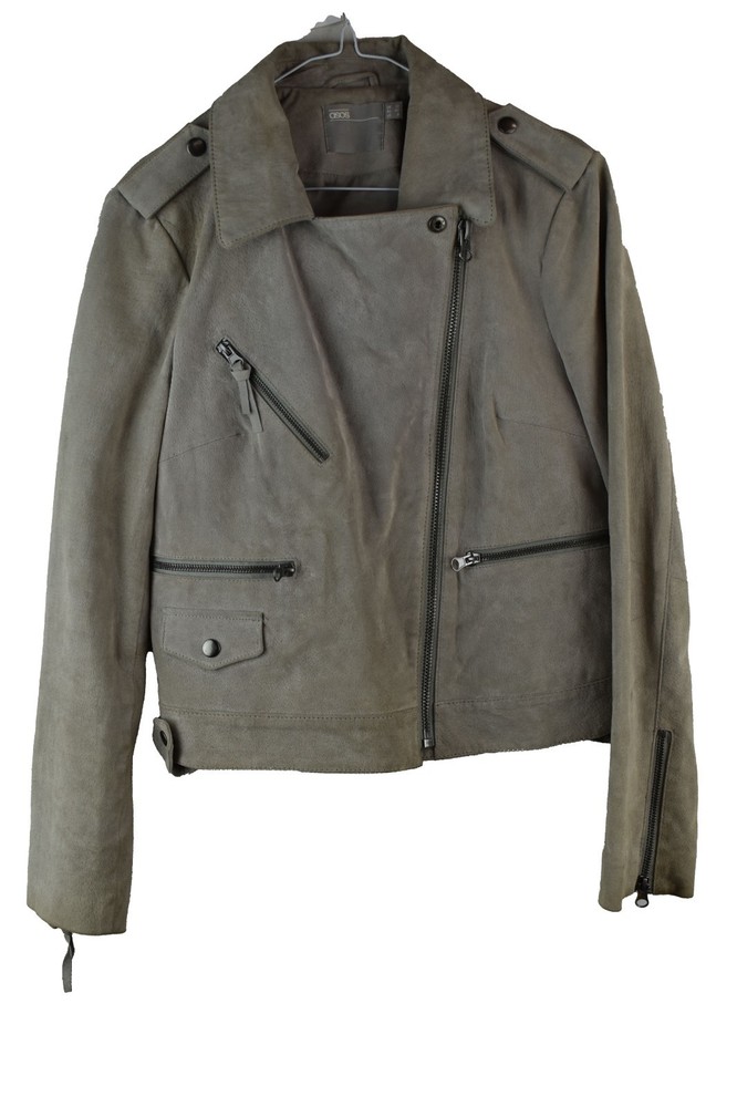 ASOS Womans Cropped Grey Suede LEather Biker Jacket Size 12 Rock 90s