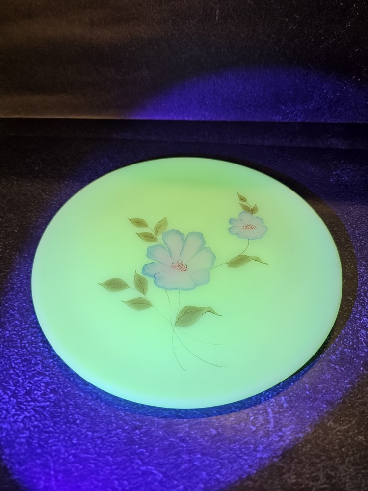 Fenton Plate  Handpainted Florals UV Glow Custard Glass Plate Signed Vintage