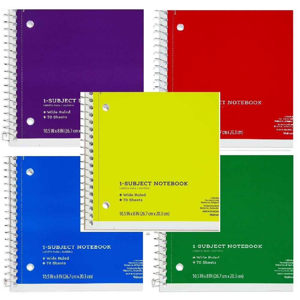 5-Pack Wide Ruled 1-Subject Spiral Notebooks for School, 70 Sheets, 10.5x8 Inches-image