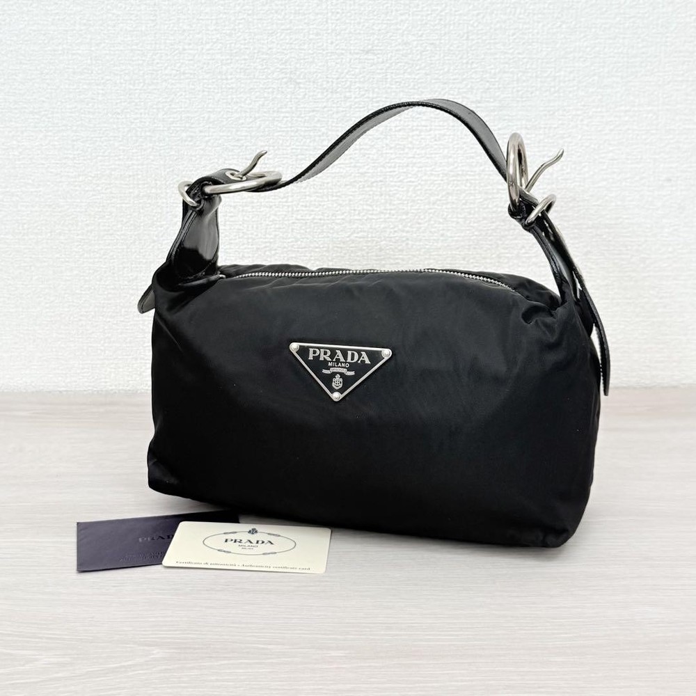 Prada Black Nylon Leather Triangle Logo Crossbody Pouch Handbag Excellent Condition