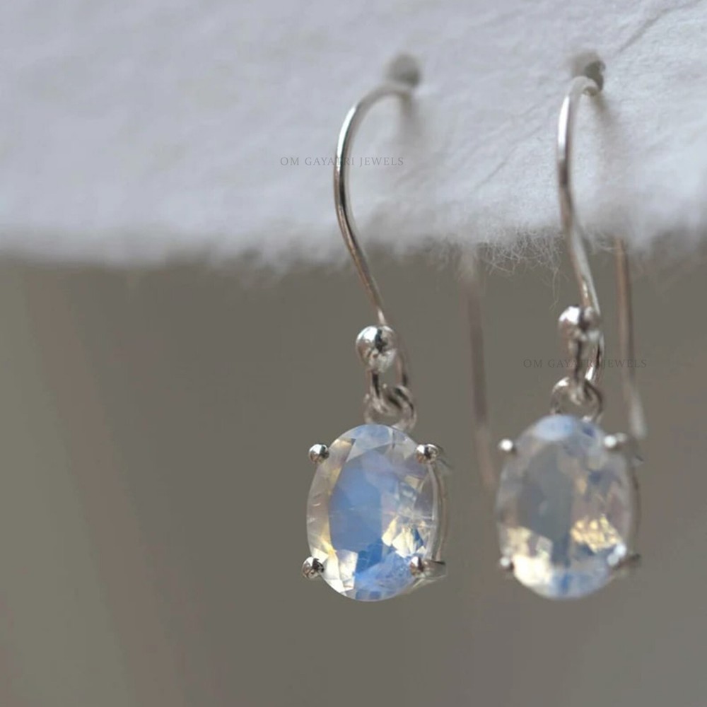 Handmade Sterling Silver Oval Rainbow Moonstone Drop Earrings