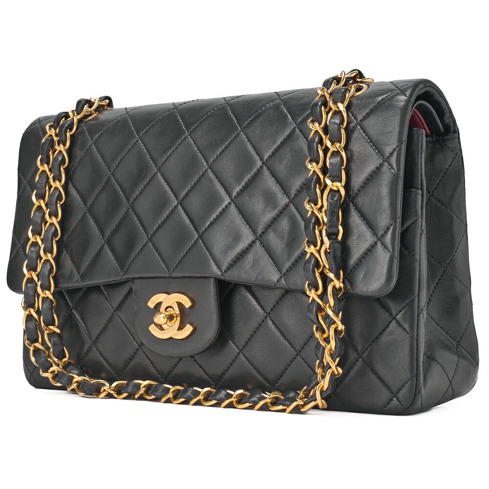 CHANEL Matelasse Double Flap 25cm Black Lambskin Shoulder Bag with Chain