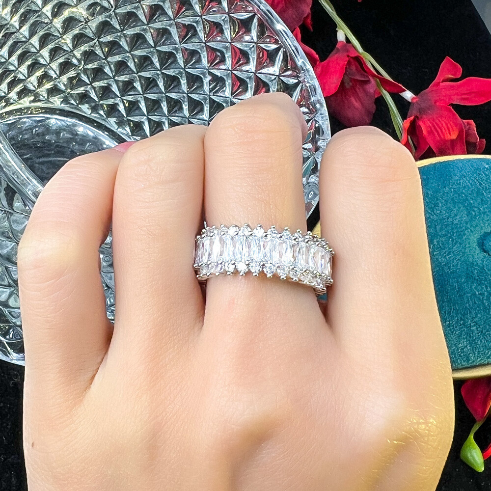 Wedding Band Ring Women Engagement Silver Plated Cubic Zirconia White Jewelry