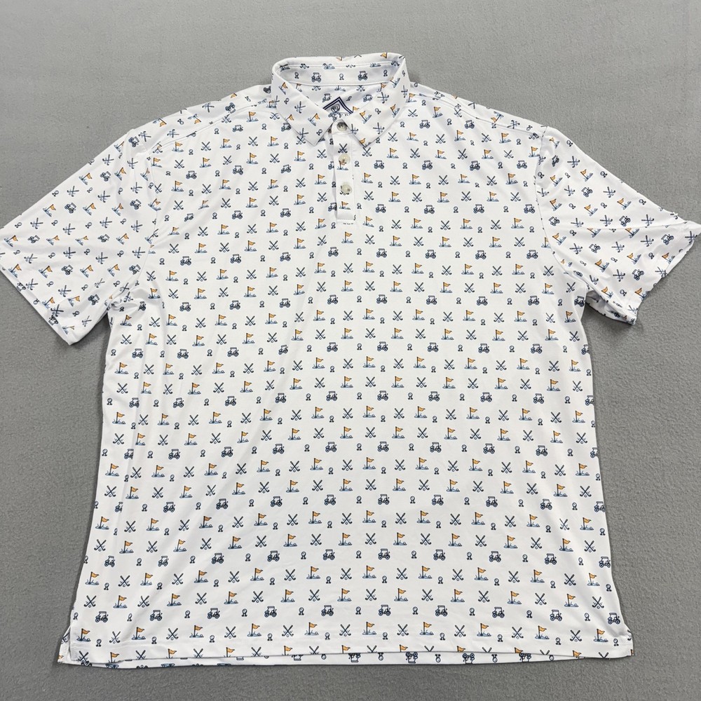 Burlebo Polo Shirt Mens 2XL White Golf Cart Flag Print Performance Casual