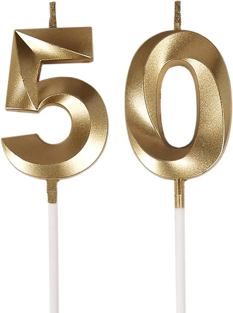 Gold Number 50 Cake Topper and Birthday Candles for 50th Party Decorations