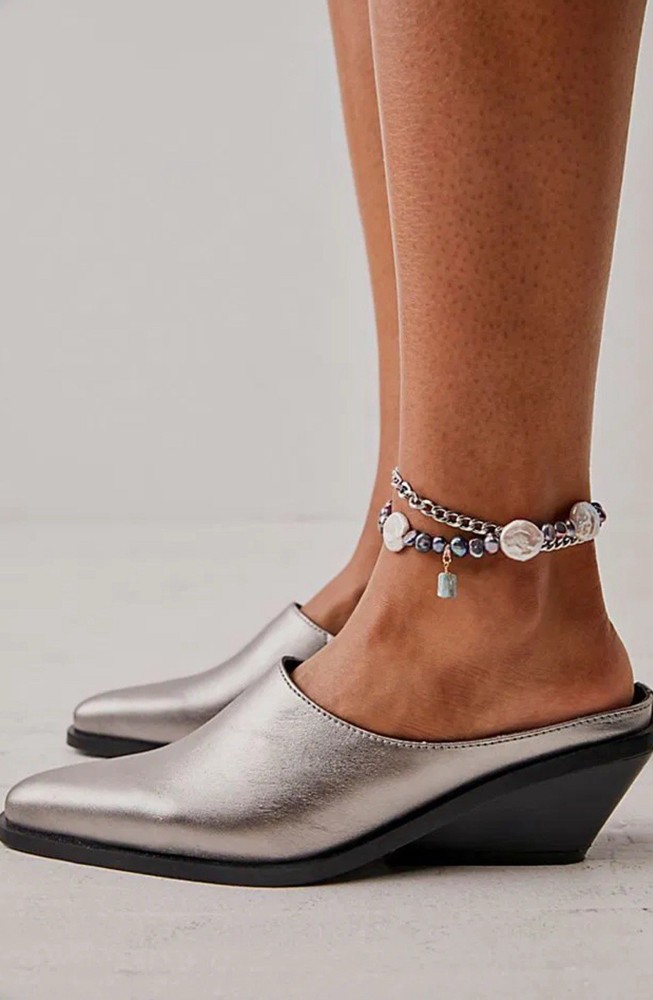 Free People Tallulah Mules in silver/black Size 7 Western,metallic,bohemian