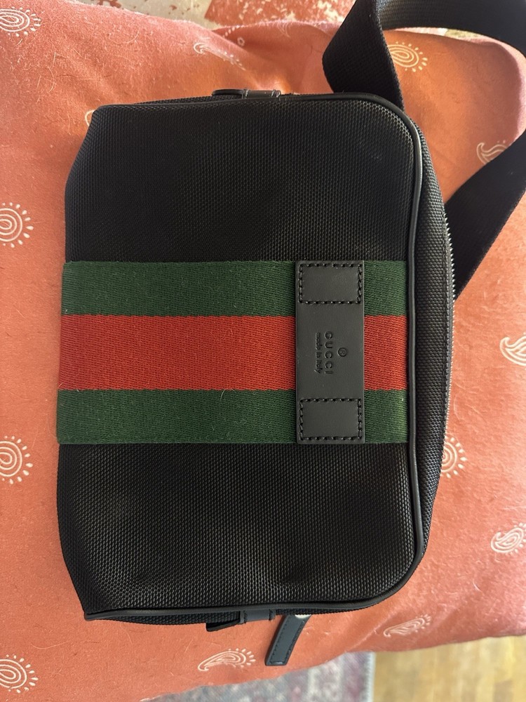 Gucci Techno Web Stripe Black Canvas Waist Bag with Leather Trim
