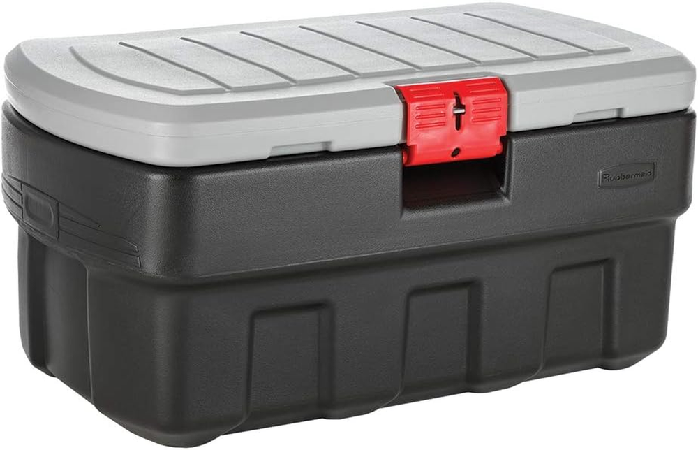 Lockable 35-Gal Actionpacker Storage Box for Outdoor and Industrial Use in Grey and Black