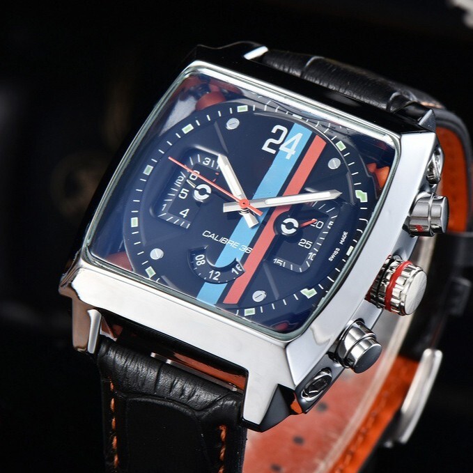 Monaco Chronograph Quartz Mens Watch Calibre 36 Homage Leather Sport Waterproof 100M