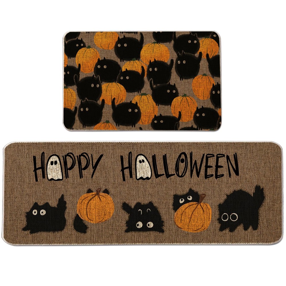 Halloween Kitchen Mat Set of 2, Black Cat Pumpkins Kitchen Rug, Halloween Far...