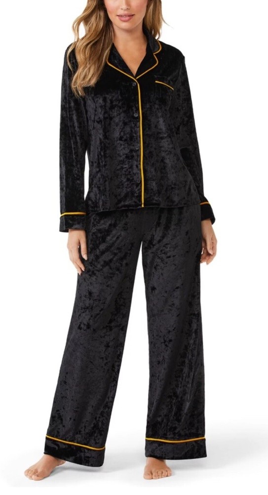Sofia Vergara Womens L Black Velvet Pajama Set with Yellow Trim