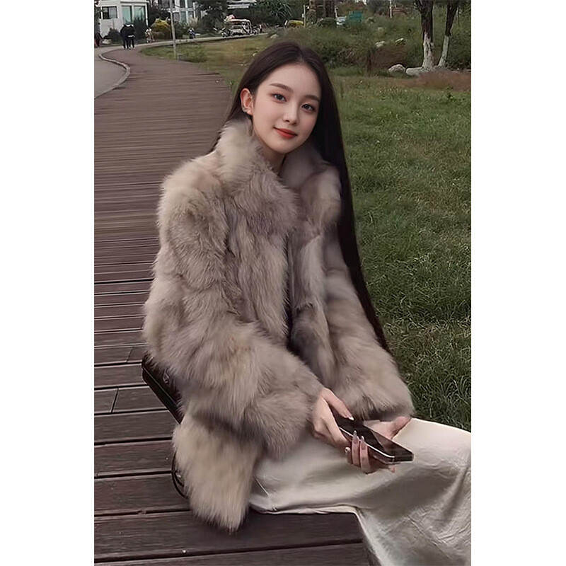 Brown Fox Fur, Stand-up Collar, Thermal Chenille Jacket, Top.