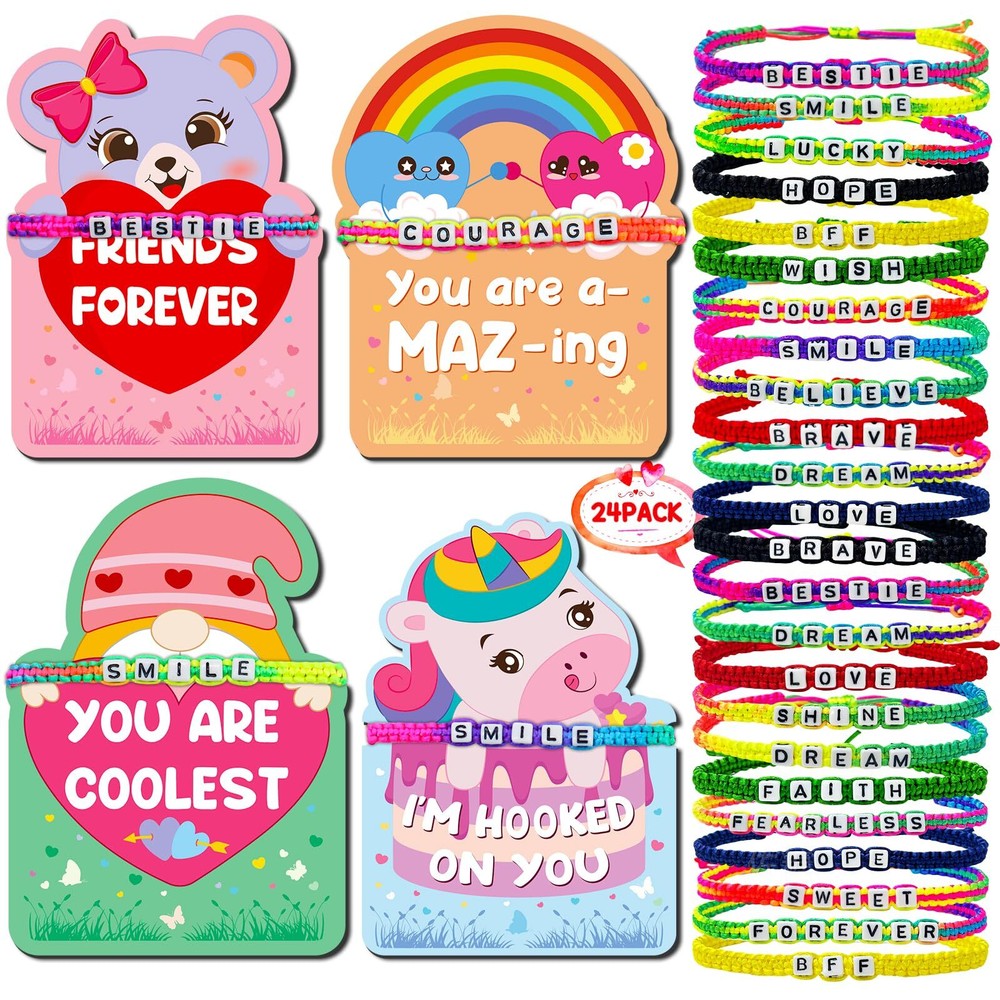 24Pack Kids Valentines Day Cards, Valentine Cards with Bead Bracelets, Valent...