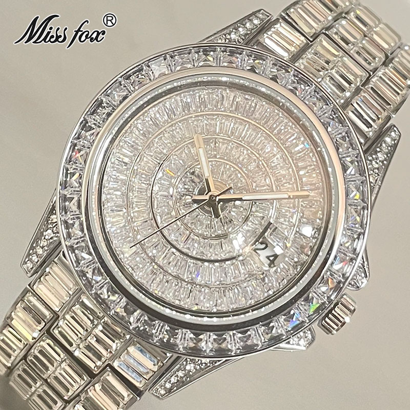 Hip Hop Luxury Men's Ice Out Watch Iced Custom Bling Simulated Diamond Silver