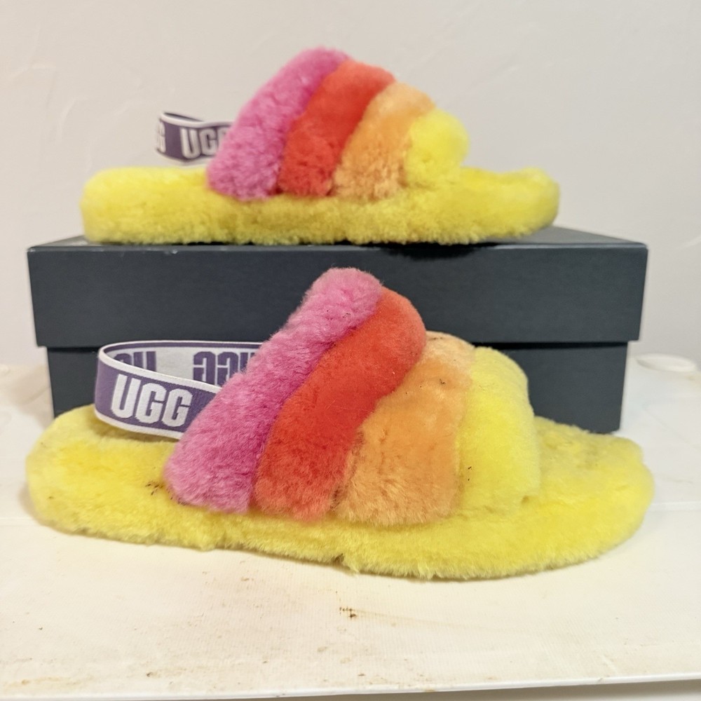 UGG Fluff Yeah Slide Sandals Rainbow Ombre Furry Women's Size 4