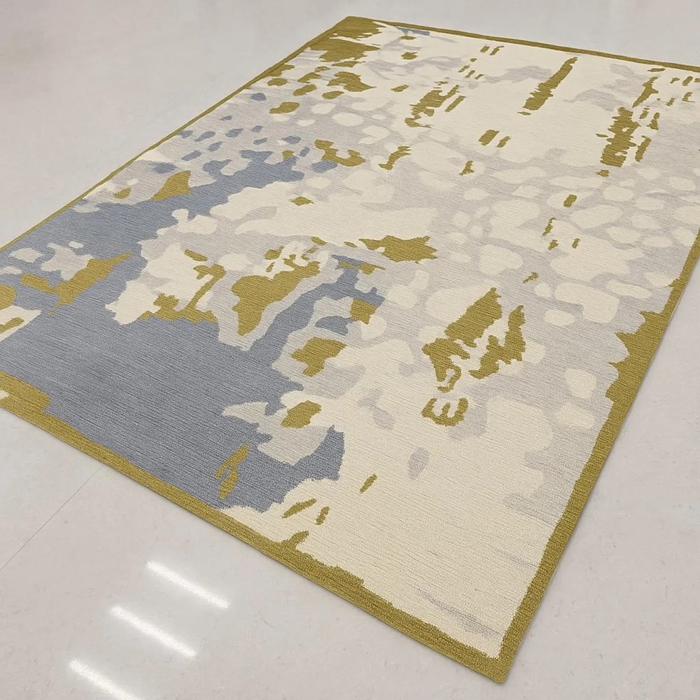 Handmade Abstract Wool Rug: Modern Blue, Grey, and Yellow Area Carpet