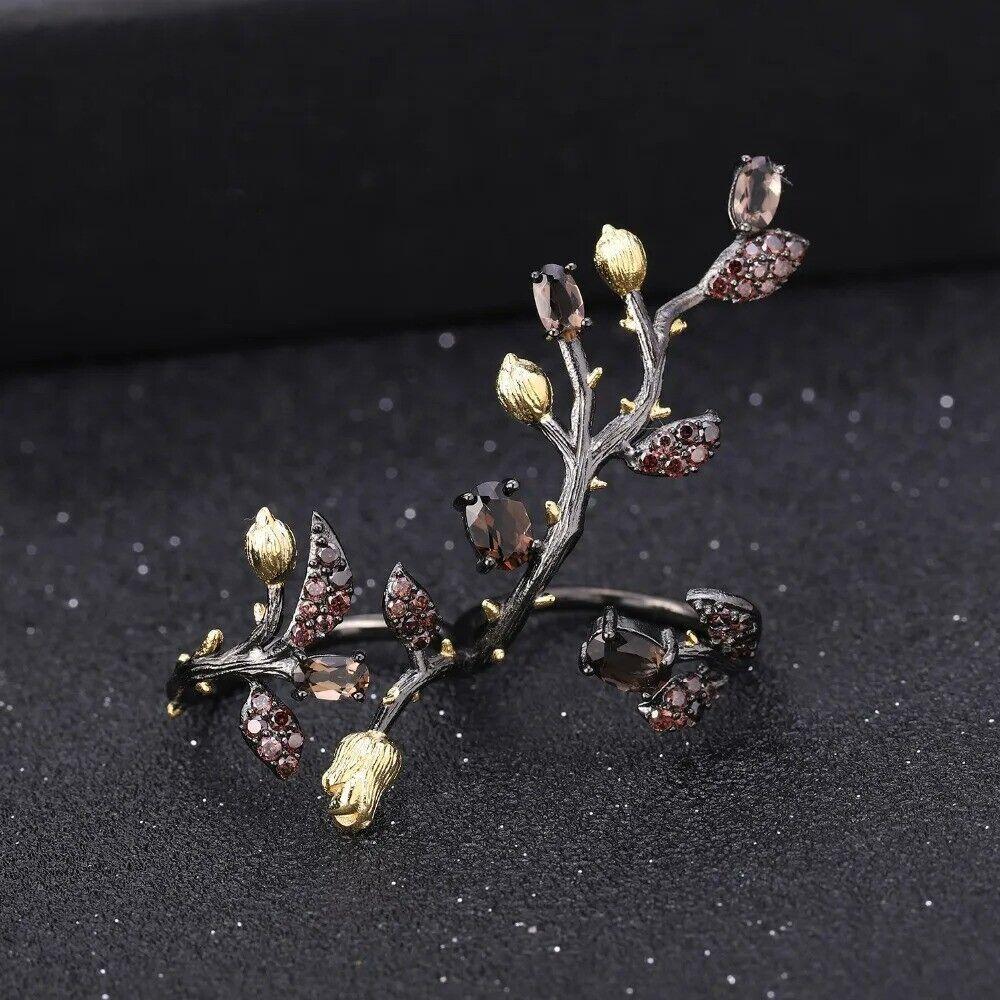 1.57 Ct Natural Smoky Quartz 925 Sterling Silver Adjustable Branch Tree Ring