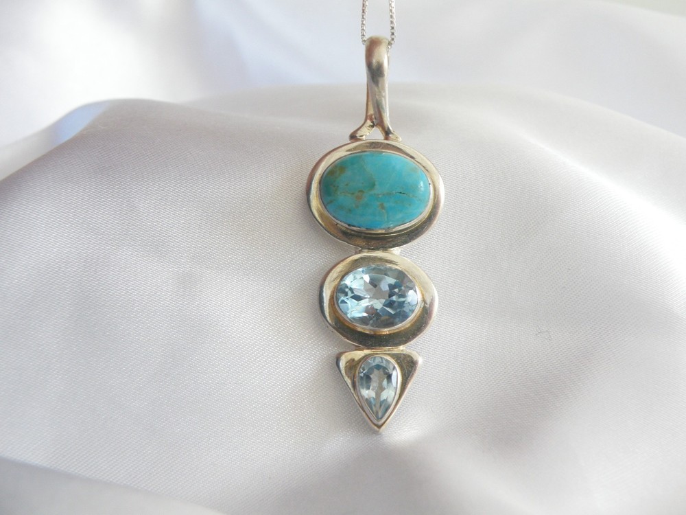 Vintage Sterling Silver 925 Turquoise Blue Topaz Pendant Necklace