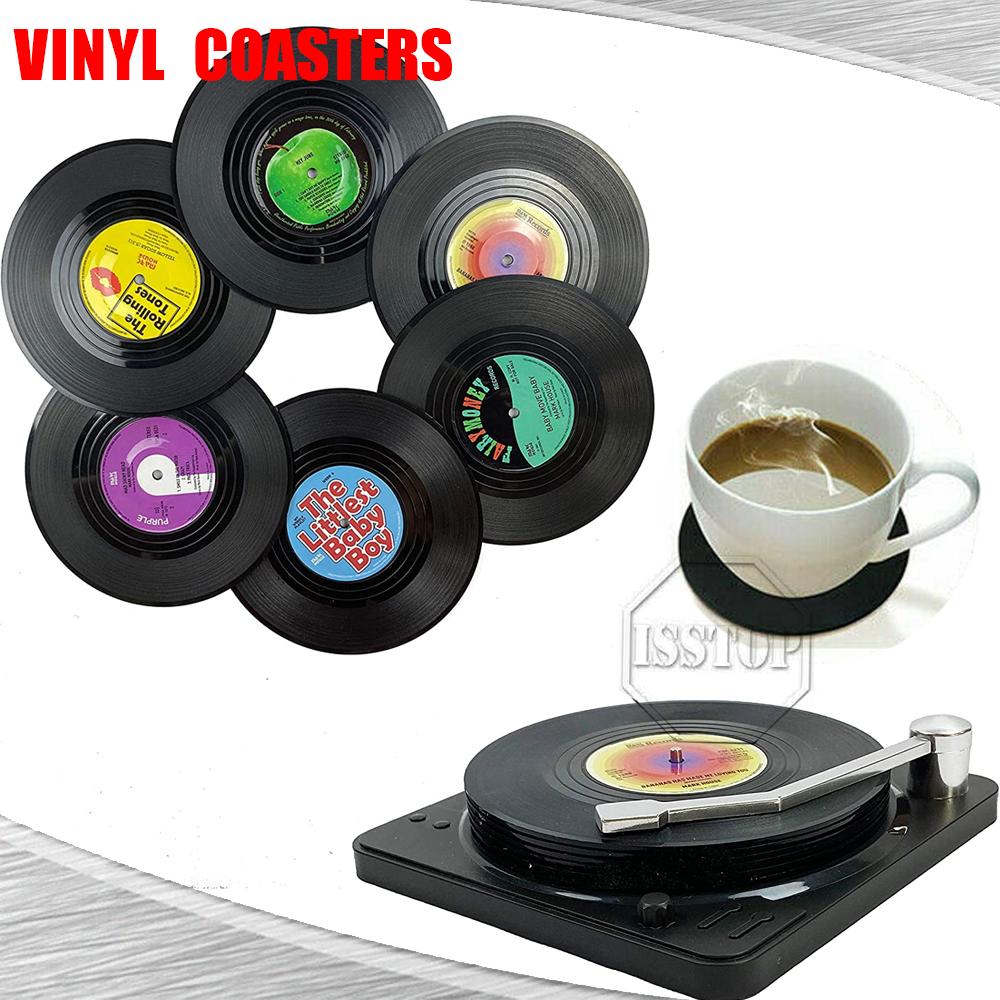 6 Pack Cup Pad Vinyl Coasters Retro Disk Coaster with Holder For Table CD Decor