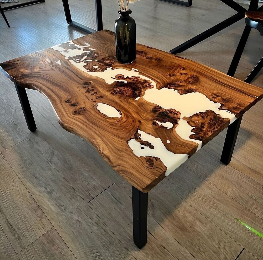 White Epoxy Table, Dining Epoxy Table, live Edge Table, Wood Table, River table