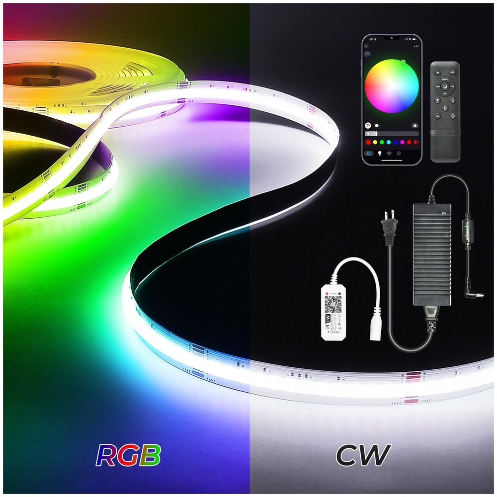 16.4ft RGBW COB LED Strip Light 784LEDs/m 12mm Width 24V Smart Lighting
