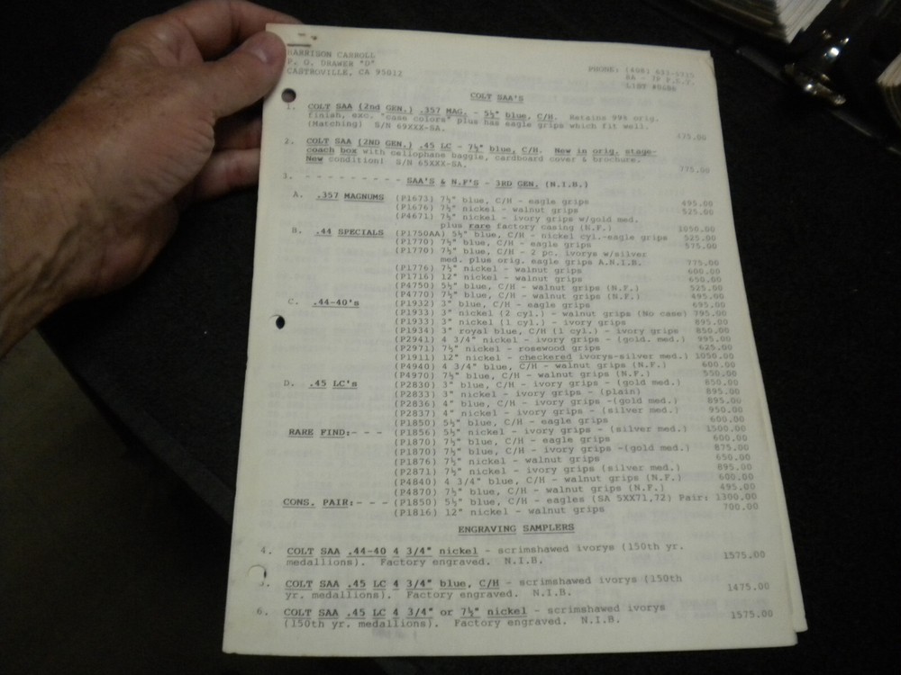 Harrison Carroll List 0686   S&W  Early Colt 1878 SAAs & D/A, Euro Pistols