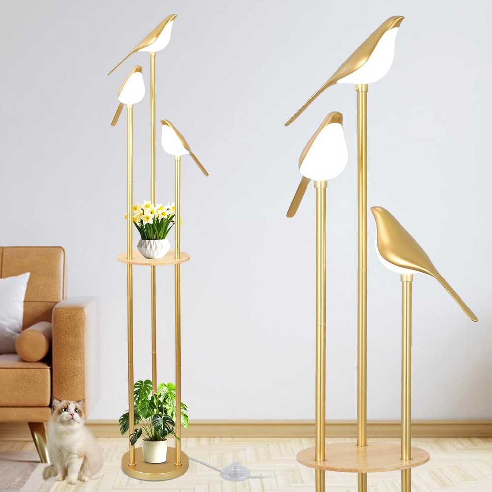Modern Gold Floor Lamp with Shelves - Mid Century Living Room Standing Light