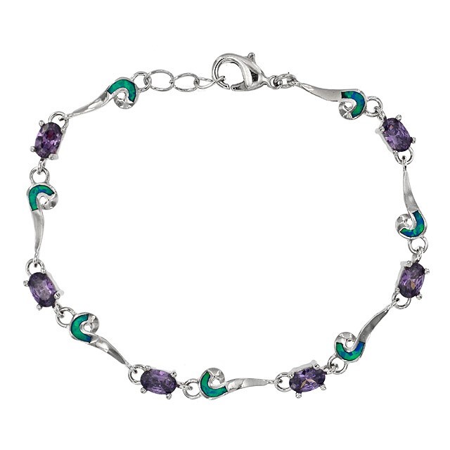 4CT Amethyst & Australian Opal Inlay 925 Sterling Silver Tennis Bracelet OB1
