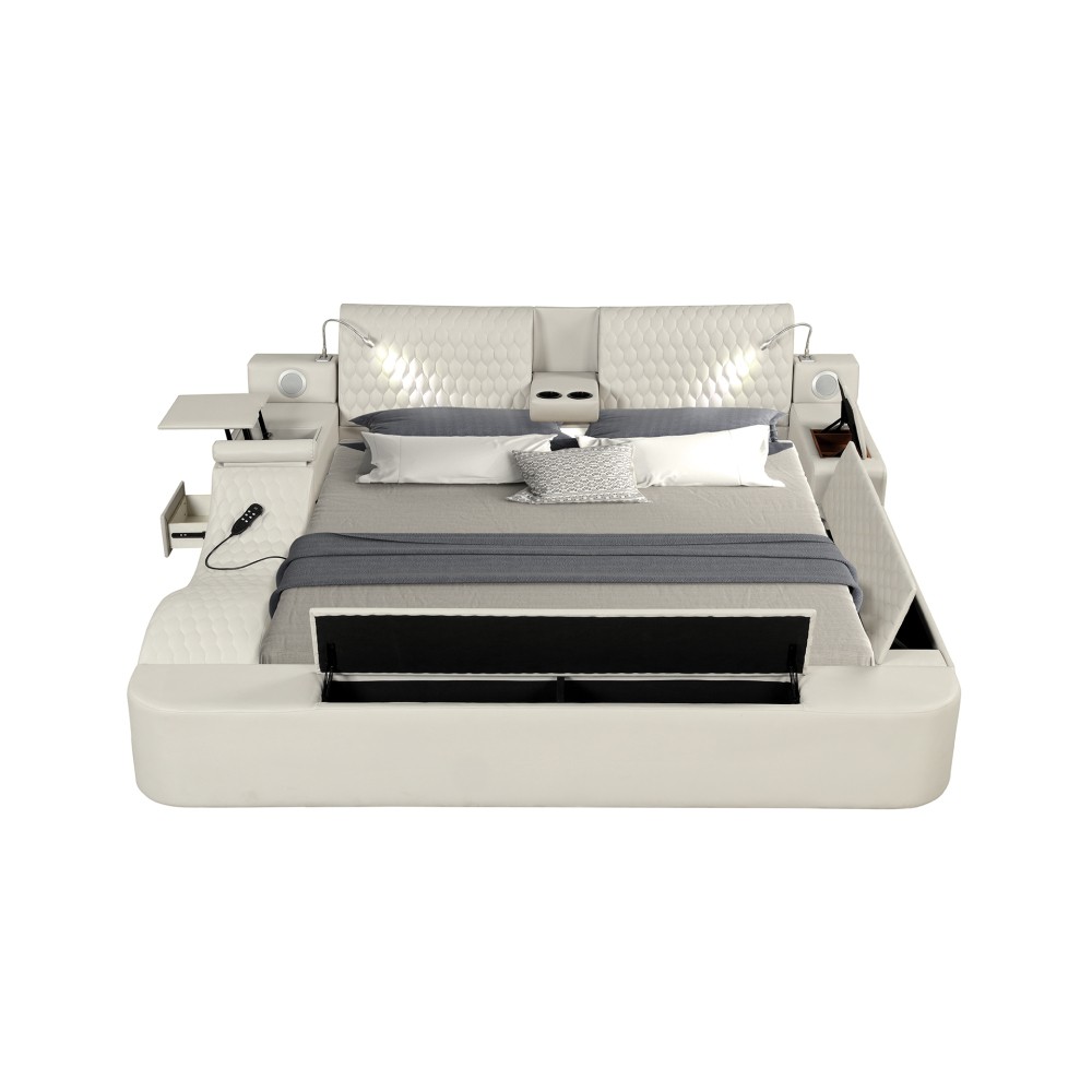 Beige Multifunctional Smart Bed Faux Leather Queen Bed W/Massager