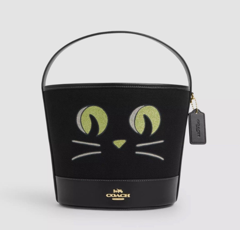 NWT COACH TRICK OR TREAT HALLOWEEN BUCKET CW532 BLACK CAT FACE HANDBAG BAG PURSE